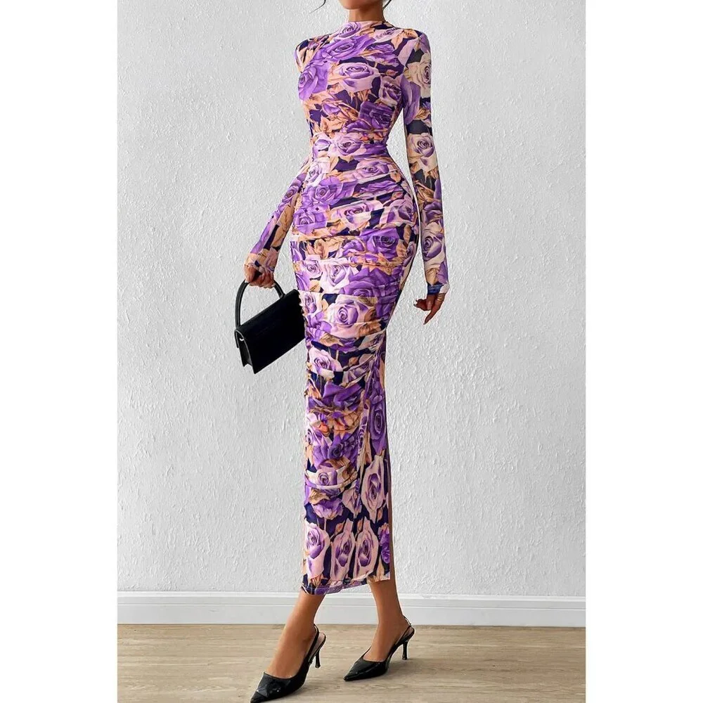 Women's Grey Purple Long Sleeve Spring Ruched Bodycon Floral Mesh Maxi Dress